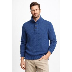 Lands End Henley‎ Sweater Men's L Blue Textured Mock Neck Pullover Wool Blend